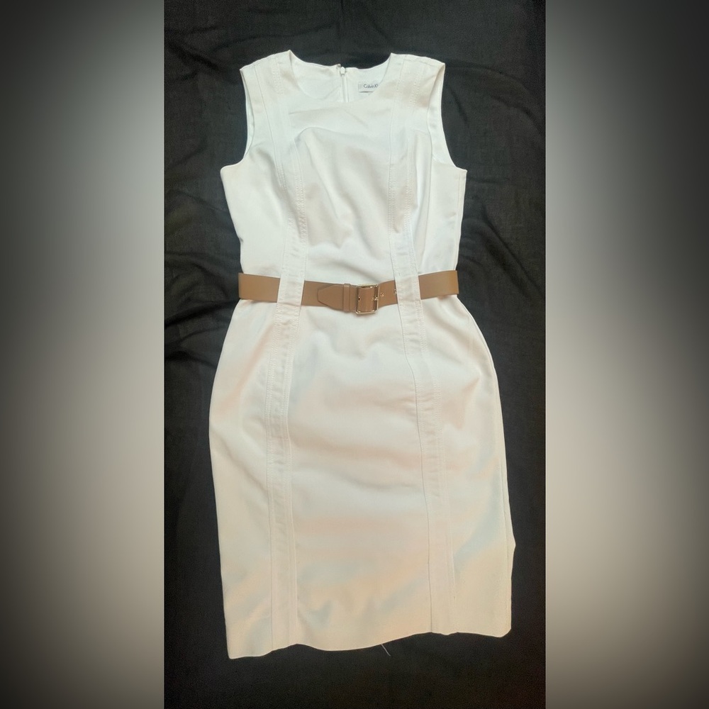 Calvin Klein Professional White Dress with Tan Belt